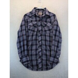 VTG H Bar C 14.5-33 Ranchwear Long Tail Pearl Snap Blue Plaid Shirt Western 70s